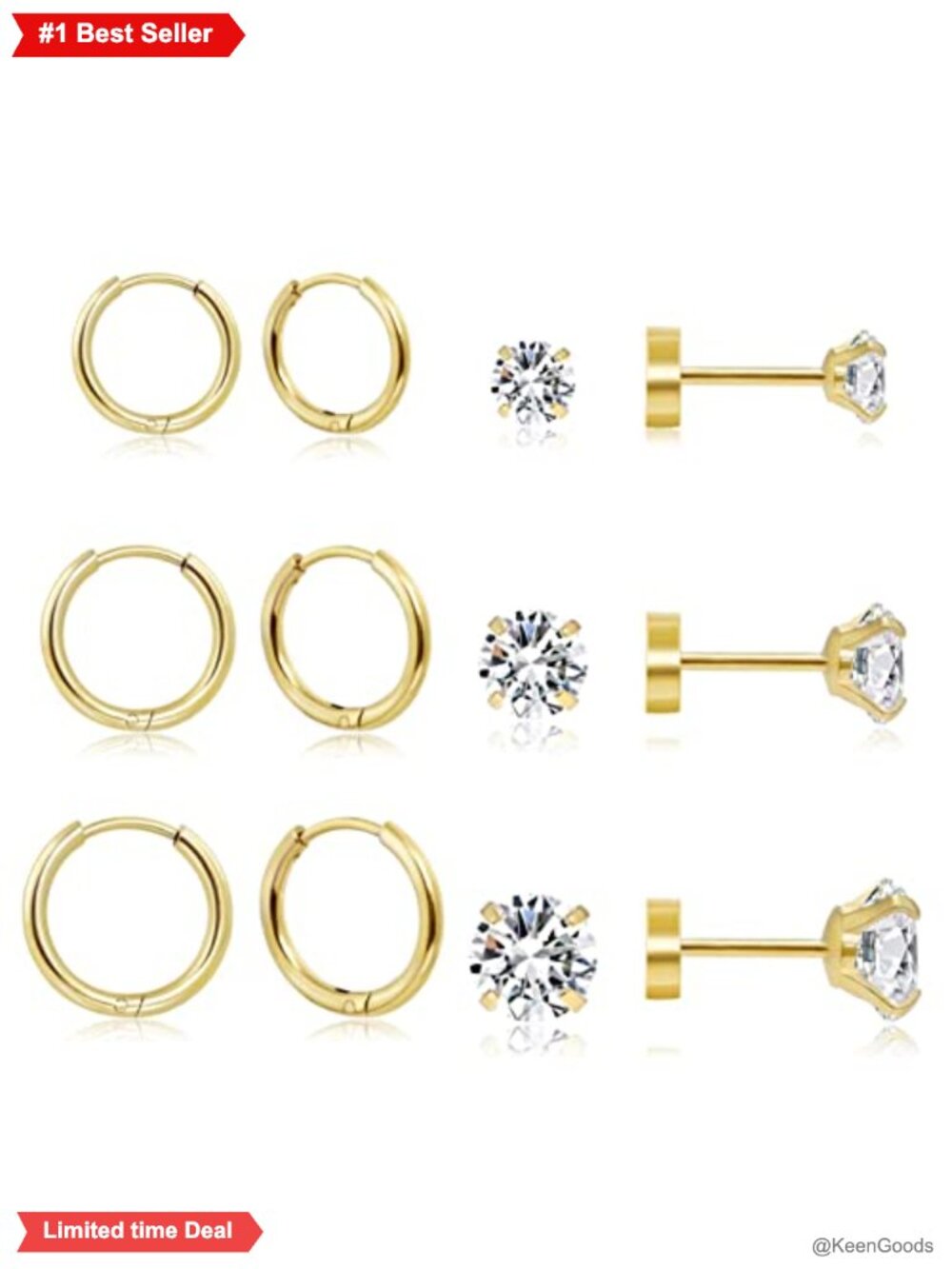 6 Pairs 14K Gold Plated Surgical Steel Huggie Hoops & CZ Stud Earrings Set